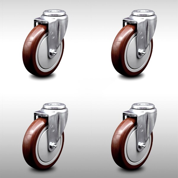 5 Inch SS Maroon Polyurethane Wheel Swivel Bolt Hole Caster Set